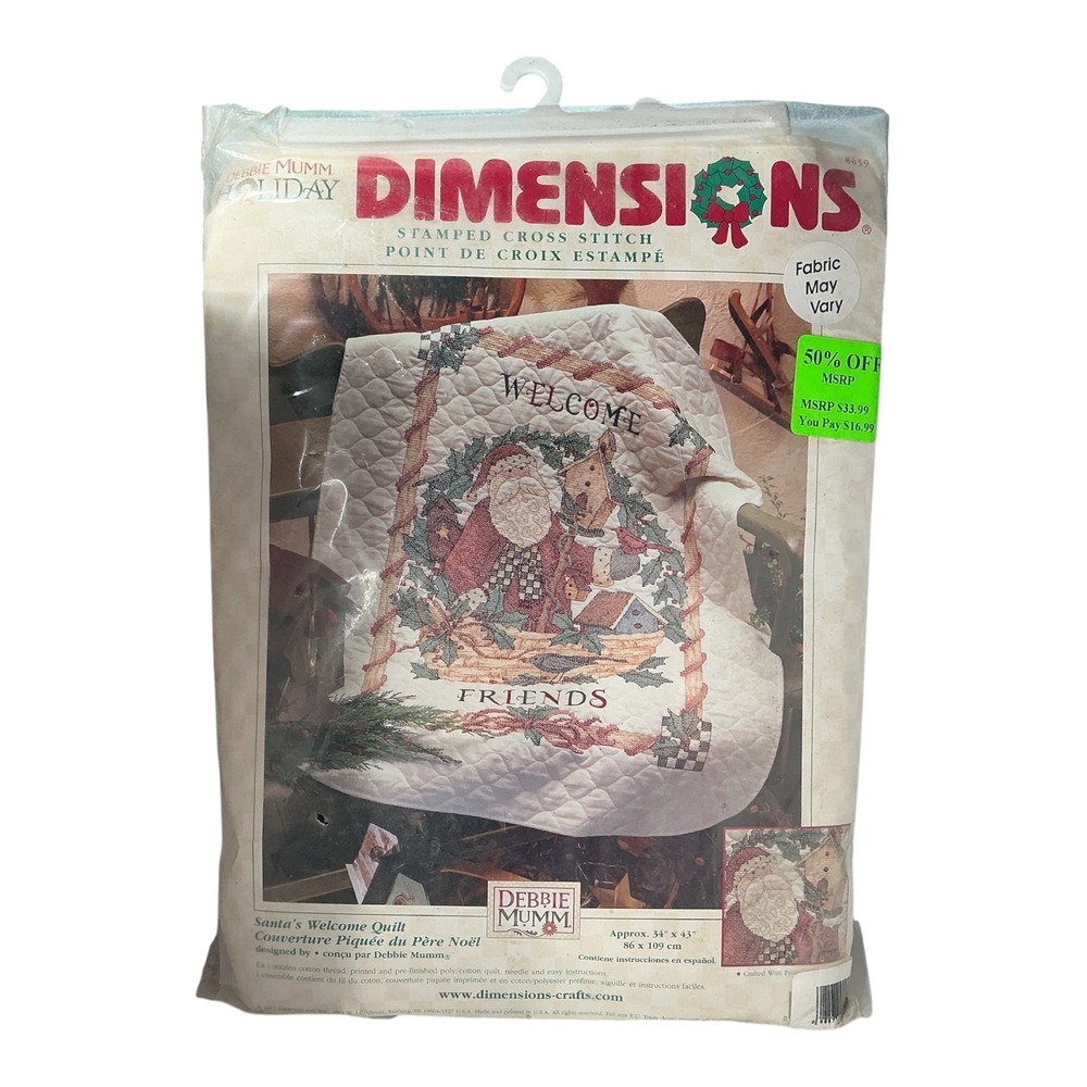 Dimensions Debbie Mumm Santa's Welcome Quilt Stamped Cross Stitch Kit 34x43 VTG